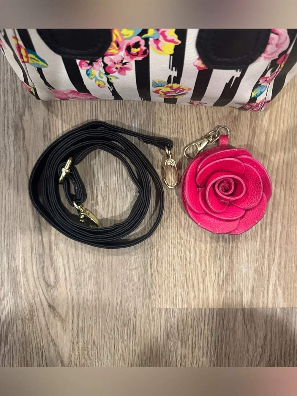 Luv Betsey by Betsey Johnson Mini Satchel Black White Striped Floral Purse Rose